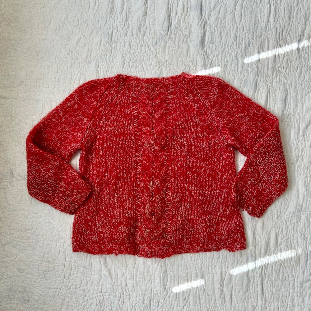Vintage 70s Red/pink White Marled Chunky mohair Knit Raglan Sweater Women Large